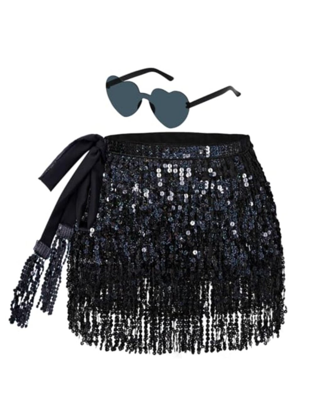 Sequin Belly Dance Hip Scarf Tassel Wrap Fringe Skirt with Heart Sunglasses